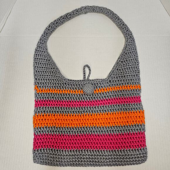 Vintage Handmade Gray/Pink/Orange Crocheted Shoulder Bag - Picture 6 of 8